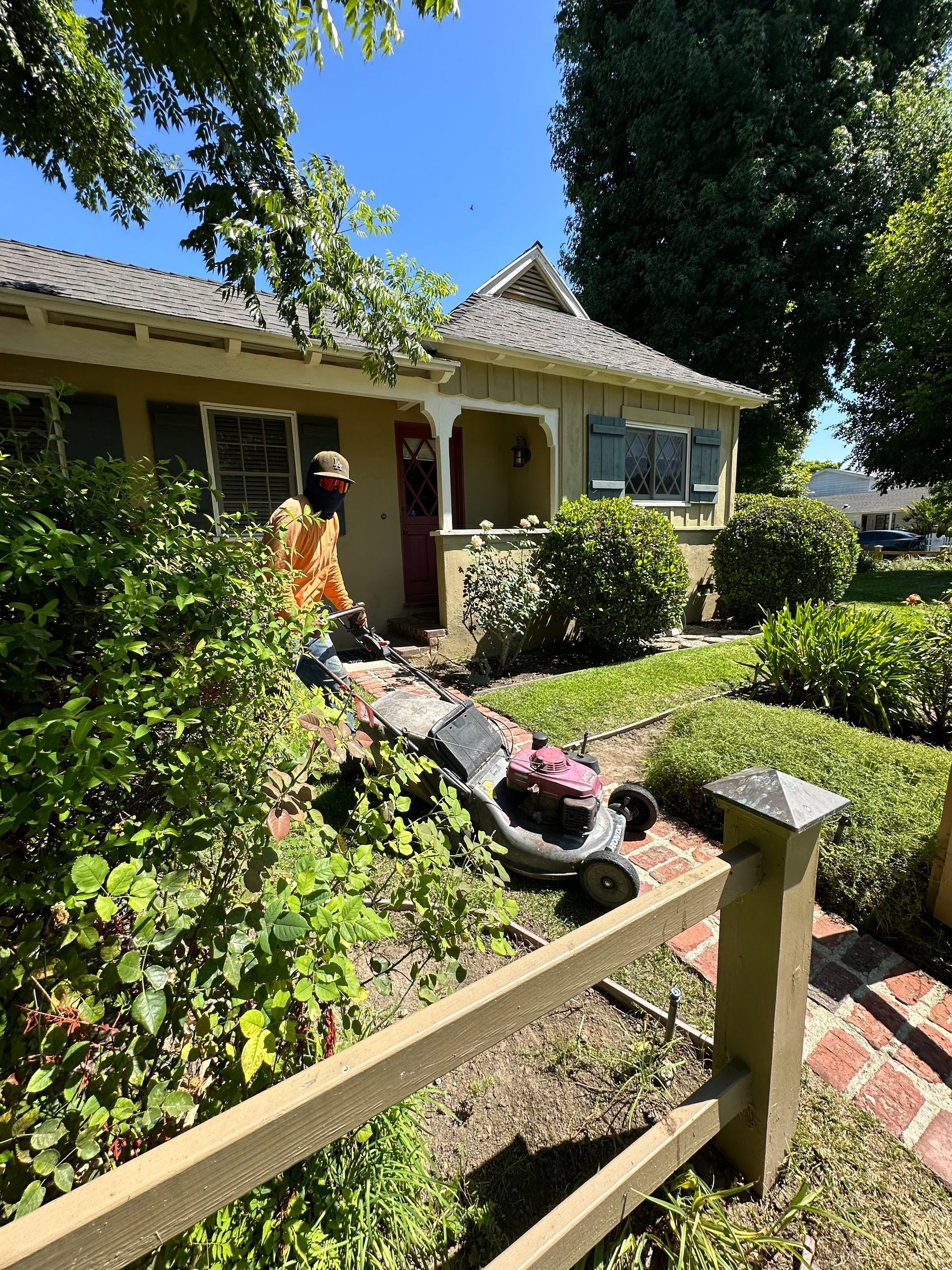 Front yard garden with a small house, wooden fence, stone path, and lush greenery in sunlight