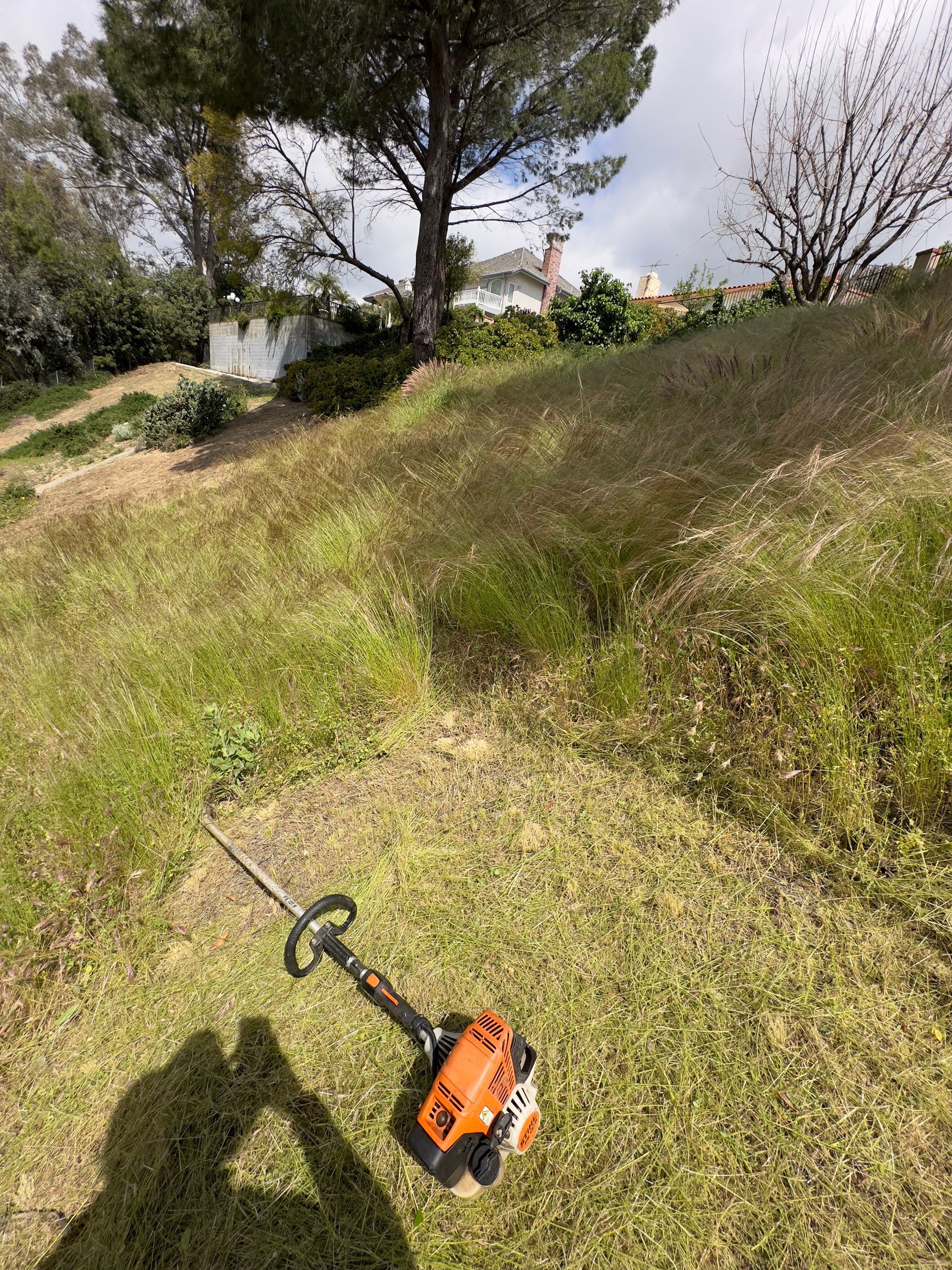 Orange string trimmer on a grassy slope with trees and a house in the background
