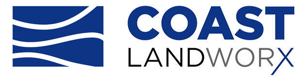 Coast Landworx logo in blue and gray with stylized wave icon