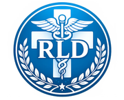 Blue circular RLD medical emblem with caduceus and laurel wreath