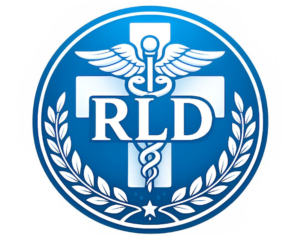 Blue circular RLD medical emblem with caduceus and laurel wreath