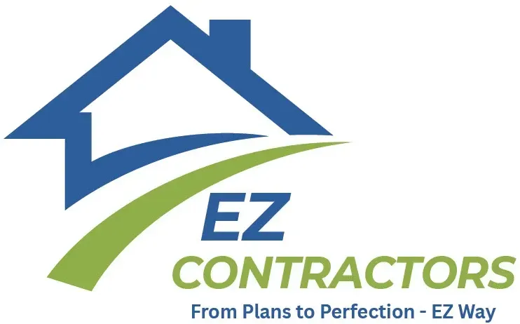 Logo for EZ Contractors: blue house icon over a green swoosh, "EZ Contractors" text below.