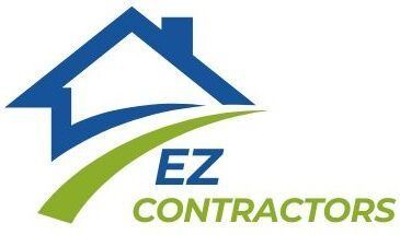 Logo for EZ Contractors: Blue house silhouette, green curved line, dark blue 