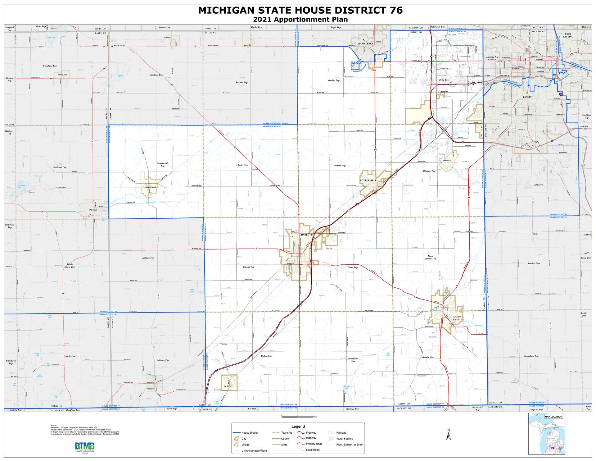 Map of Michigan House District 75, showing roads, towns, and geographical features.