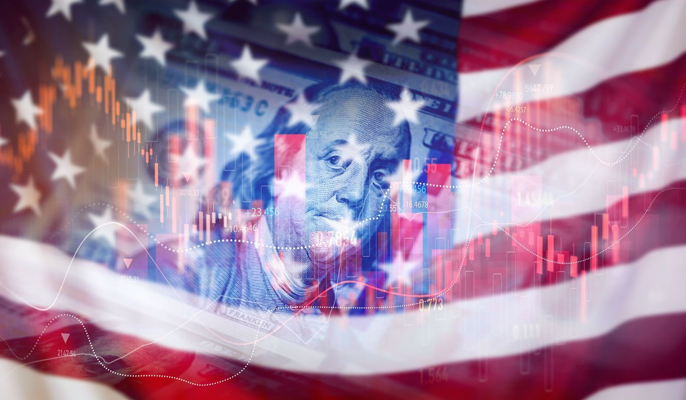 American flag overlaying a Benjamin Franklin portrait and stock market graph.