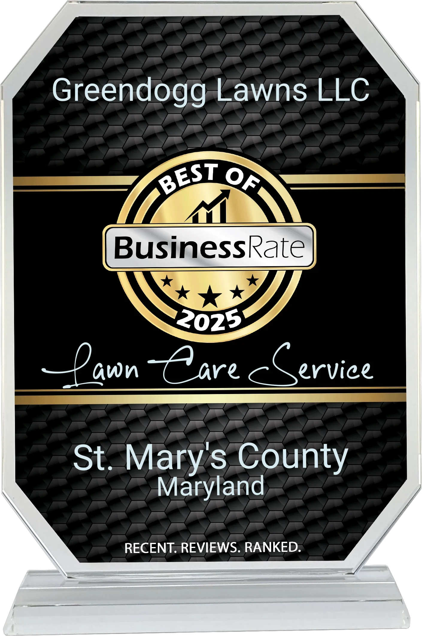 Greendogg Lawns LLC award plaque, Best of Business 2023, St. Mary’s County, Maryland, with lawn care service text