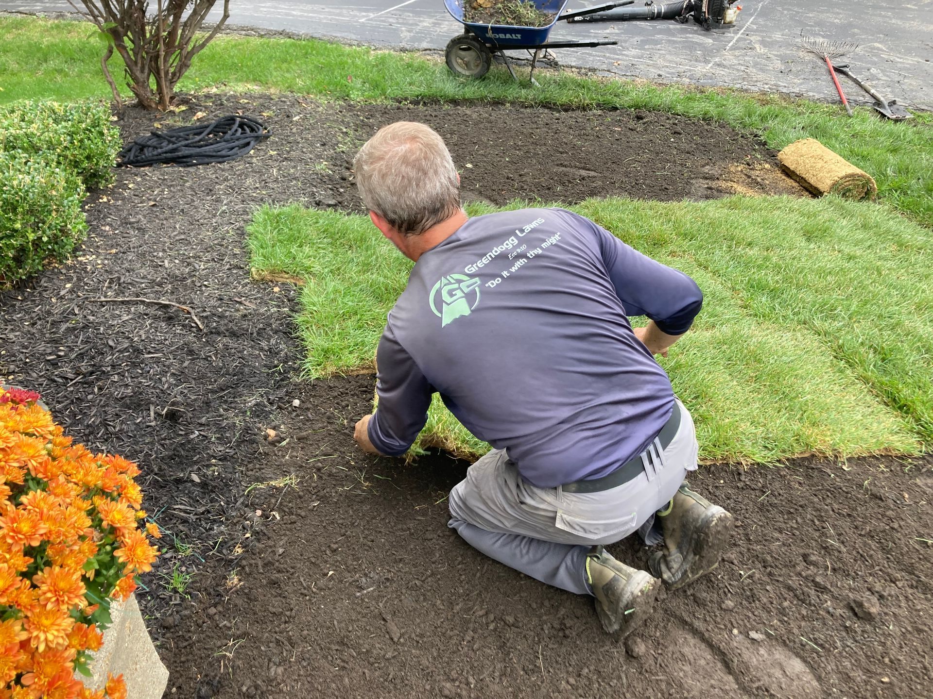 Person kneeling in a garden bed spreading soil beside a grassy lawn and orange flowers