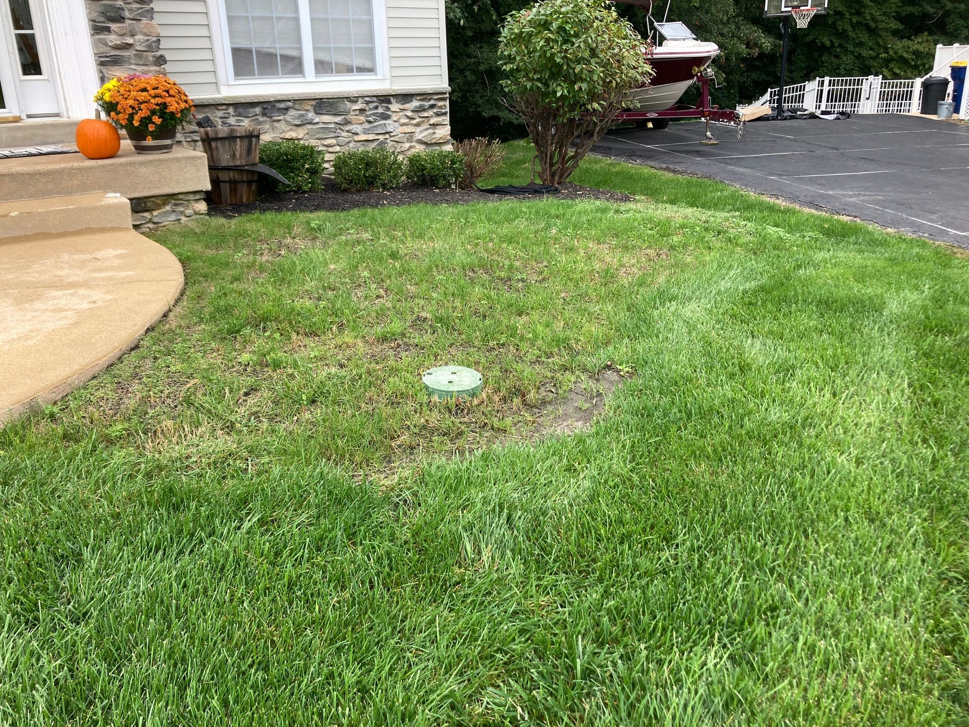 Front lawn with a small circular sprinkler head, green grass, and a driveway beside a house.
