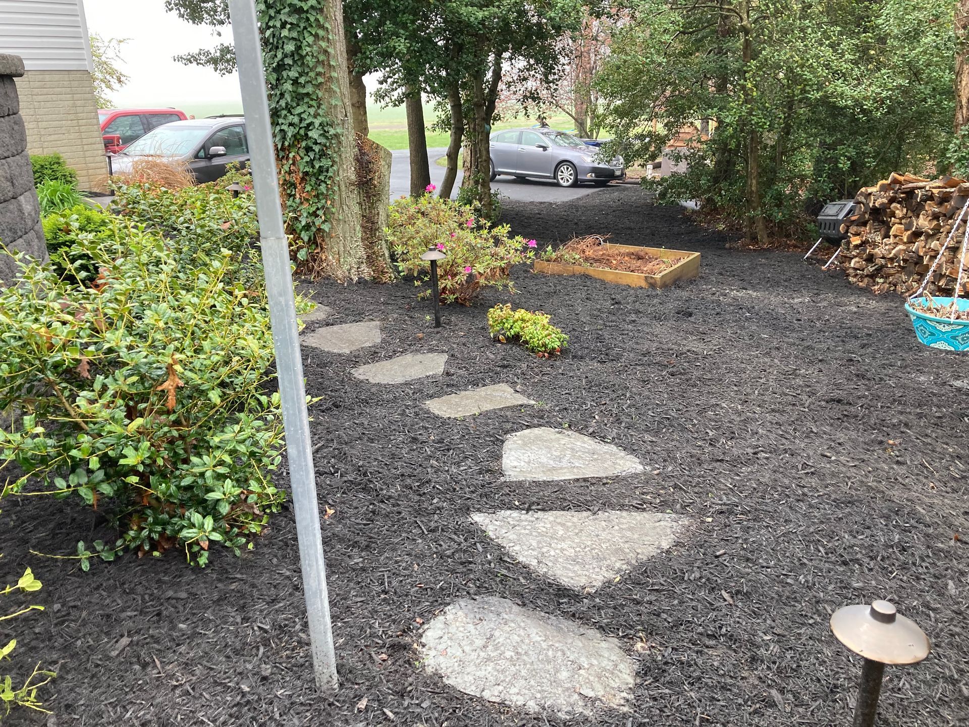 Garden path with white stepping stones through dark gravel, bordered by shrubs and trees.