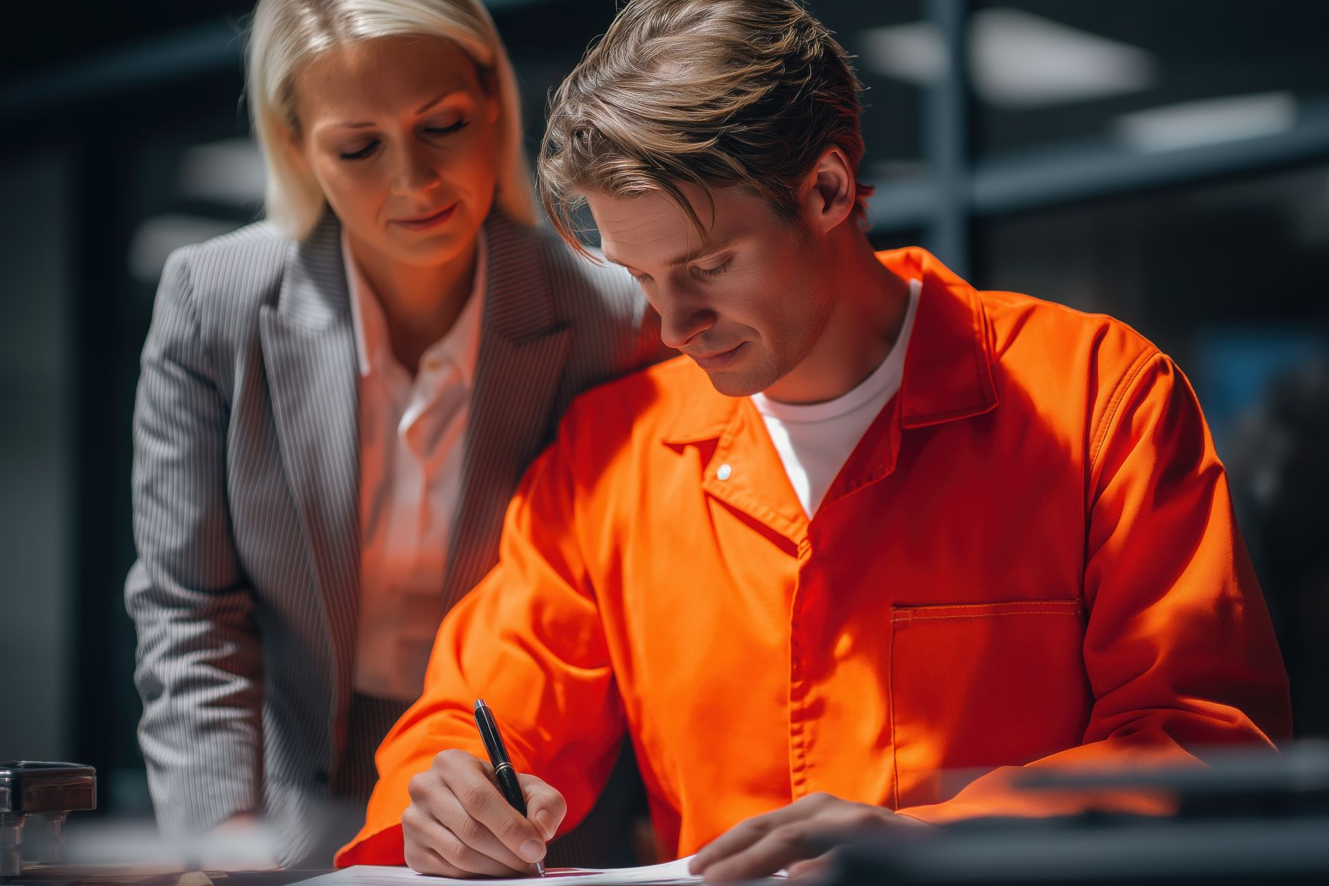 Two people in workwear reviewing a document, one writing at a desk under warm light