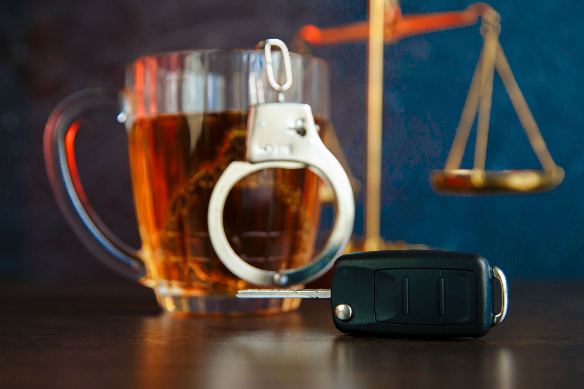 DUI defense lawyer concept with handcuffs, alcohol, and scales. DUI defense lawyer concept with handcuffs, alcohol, and scales.