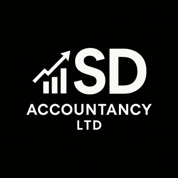 Black and white SD Accountancy Ltd logo with upward graph icon on a black background