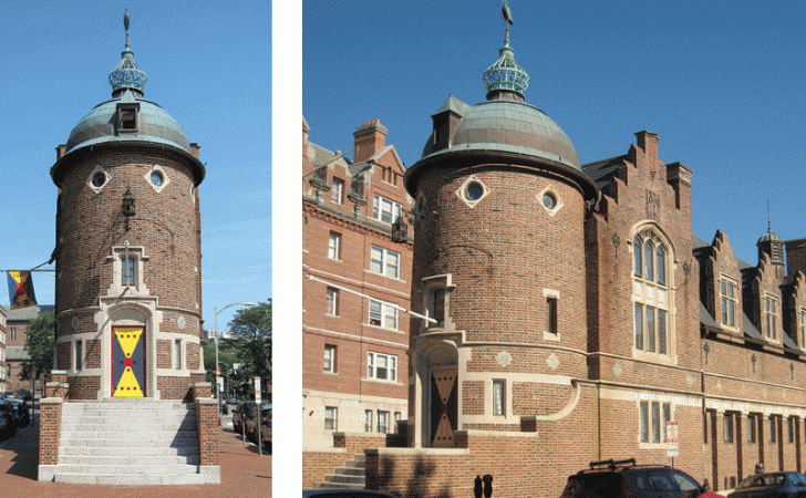 Two side-by-side views of a round brick building with a domed roof and stone accents, featuring a prominent entryway.