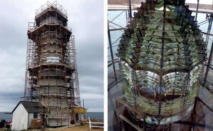 Boston Light during restoration — full lighthouse tower scaffolding and 1859 Second Order Fresnel lens conservation by Cenaxo, Boston Harbor MA