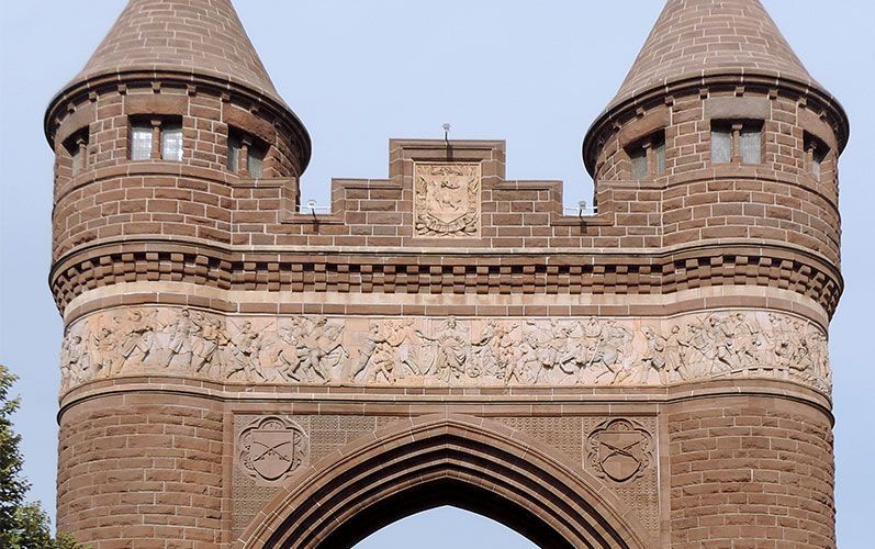 Restored brownstone arch, towers, and ornamental stone carvings at Soldiers & Sailors Memorial Arch — Hartford, CT restoration by Cenaxo