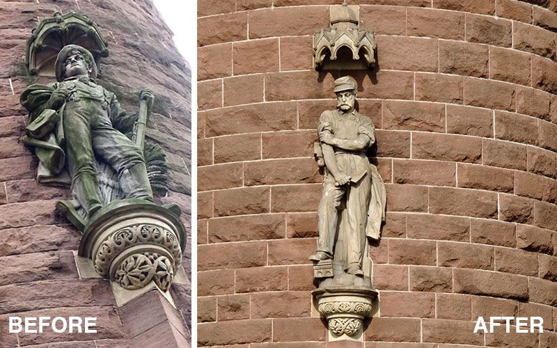 Before and after: stone soldier statue conservation at Soldiers & Sailors Memorial Arch — historic masonry cleaning by Cenaxo, Hartford CT