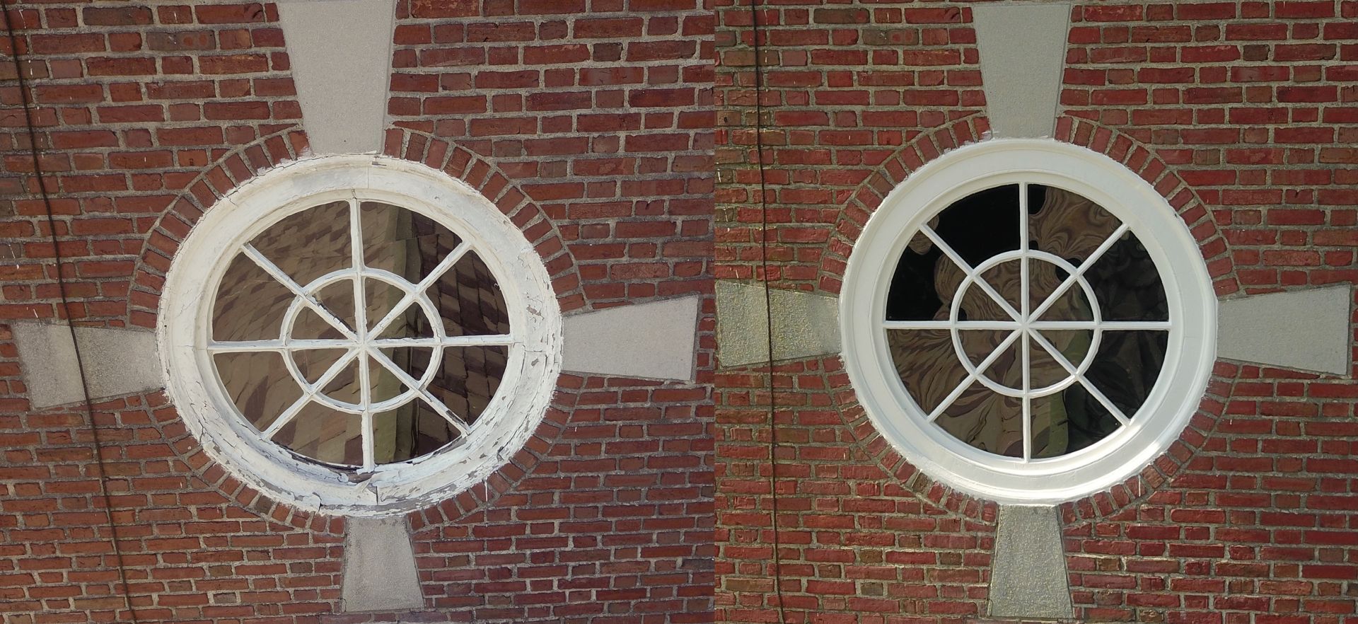 Historic wood window restoration at First Parish Unitarian Universalist Church — Framingham, MA — before and after by Cenaxo