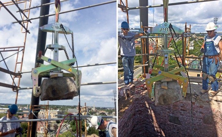 Cenaxo craftspeople lifting stone block during Grace Episcopal Church steeple restoration — New Bedford, MA