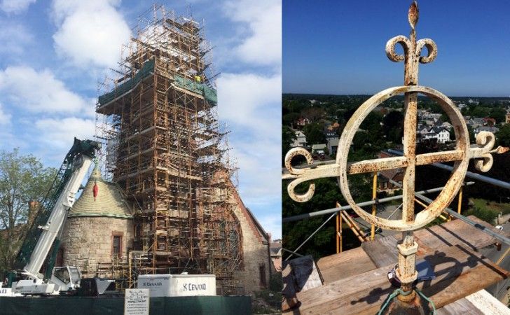 Grace Episcopal Church steeple during restoration and the original ornamental iron cross finial before conservation — New Bedford, MA by Cenaxo