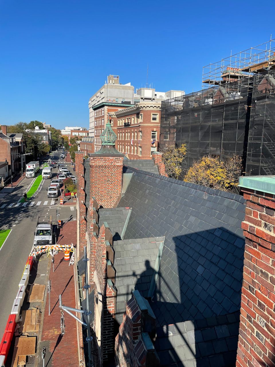 Historic slate roof before restoration at the Harvard Lampoon building in Cambridge, MA