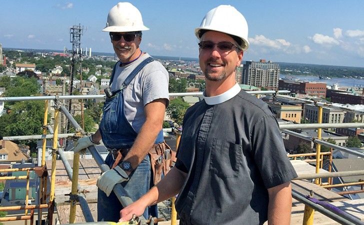 Cenaxo craftspeople on scaffolding atop Grace Episcopal Church during 130-foot steeple restoration — New Bedford, MA