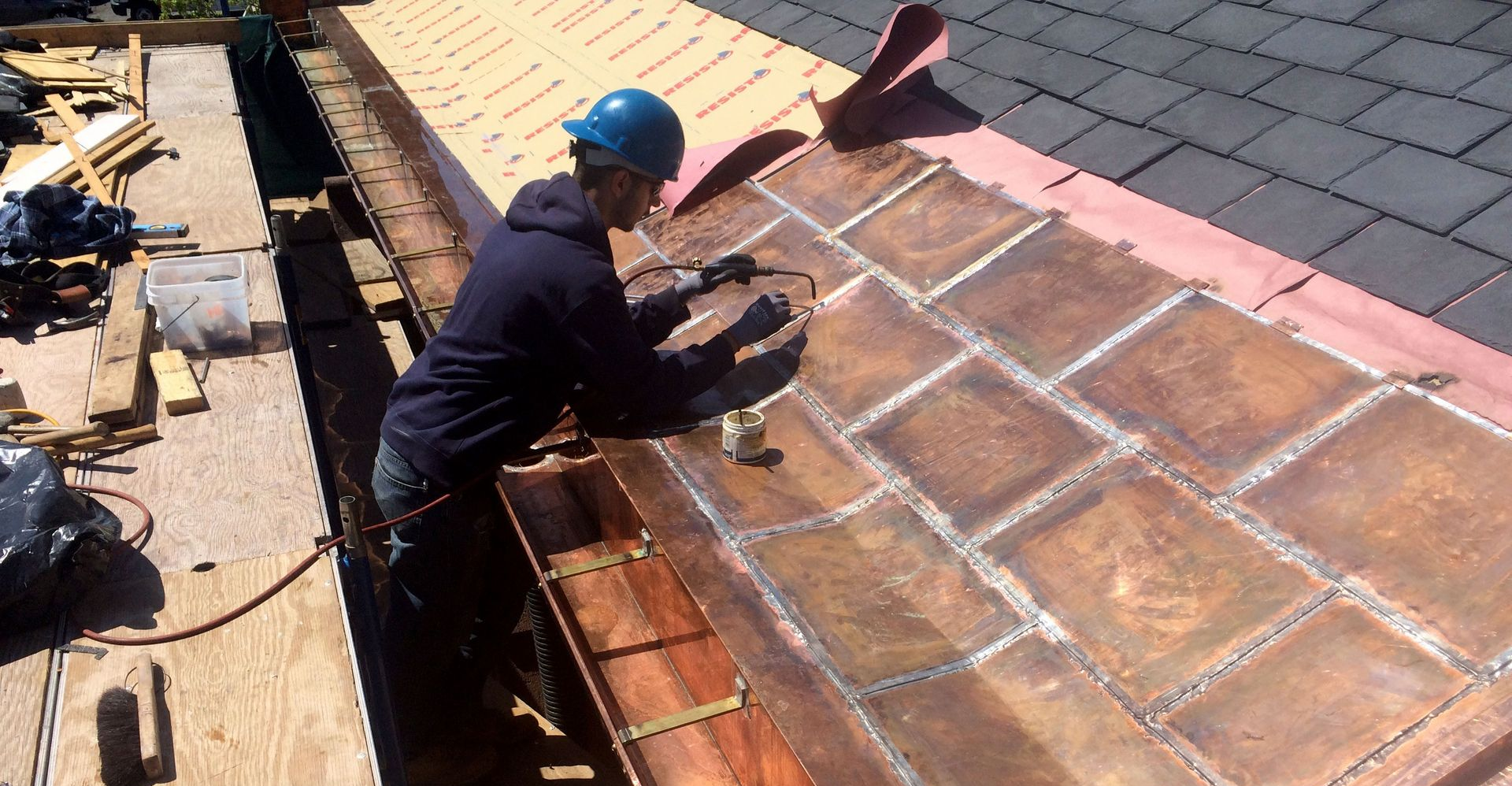 Historic copper roof restoration and specialty metalwork by Cenaxo on a complex historic building in New England.