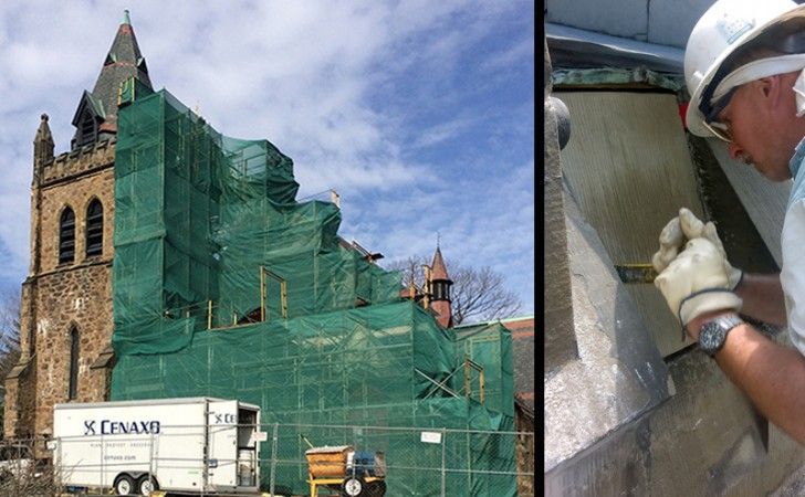 St. John's Episcopal Church during exterior restoration — Cenaxo craftspeople inspecting stone masonry and slate roofing, Jamaica Plain MA