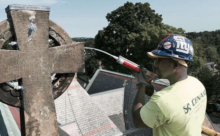 Cenaxo craftsman restoring stone cross ornament and applying joint sealant at St. John's Episcopal Church — Jamaica Plain, MA
Why these work:
Image 1 (before/after corner damage):
Preserves the