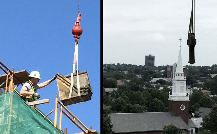 Crane-assisted masonry work and restored steeple at St. John's Episcopal Church — Cenaxo craftspeople performing custom stone carving, Jamaica Plain MA