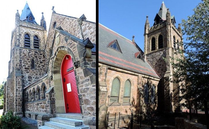 St. John's Episcopal Church exterior after full restoration — 1882 Richardsonian Romanesque bell tower and entrance, Jamaica Plain MA by Cenaxo