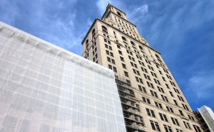 Travelers Tower during cast iron and copper cornice restoration — 34-story neoclassical landmark, Hartford, CT by Cenaxo