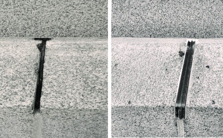 A side-by-side comparison of a narrow gap in concrete, shown before and after being sealed with a filler strip.