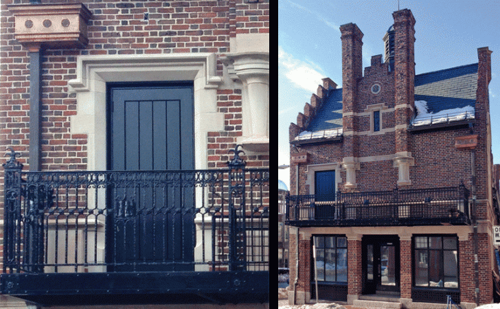 A split image of a historic brick building featuring a dark wooden door with a stone frame and an ornate black railing.