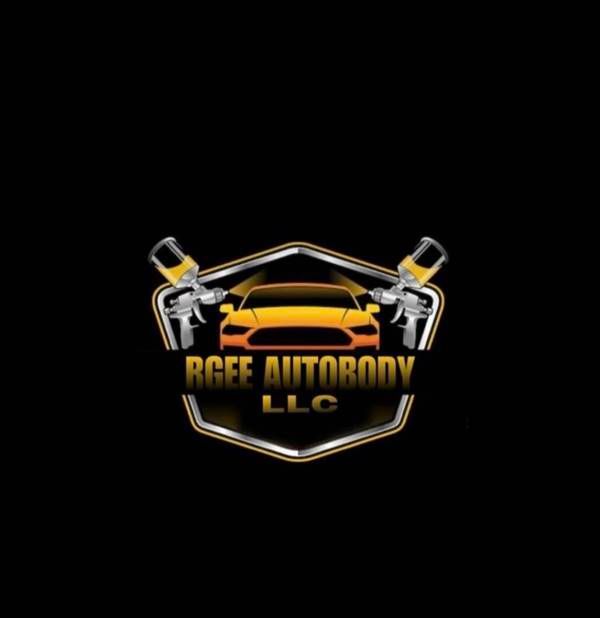 Rgee Autobody LLC logo with gold car and crossed tools on a black background