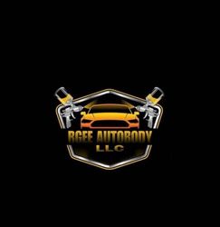 Rgee Autobody LLC logo with gold car and crossed tools on a black background