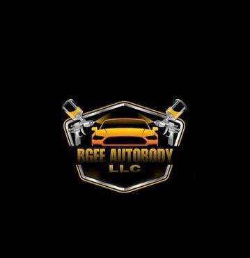 Rgee Autobody LLC logo with gold car and crossed tools on a black background