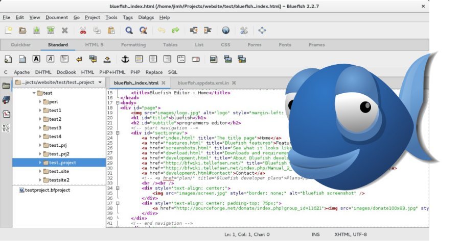 Giao diện của Bluefish chỉ gồm văn bản