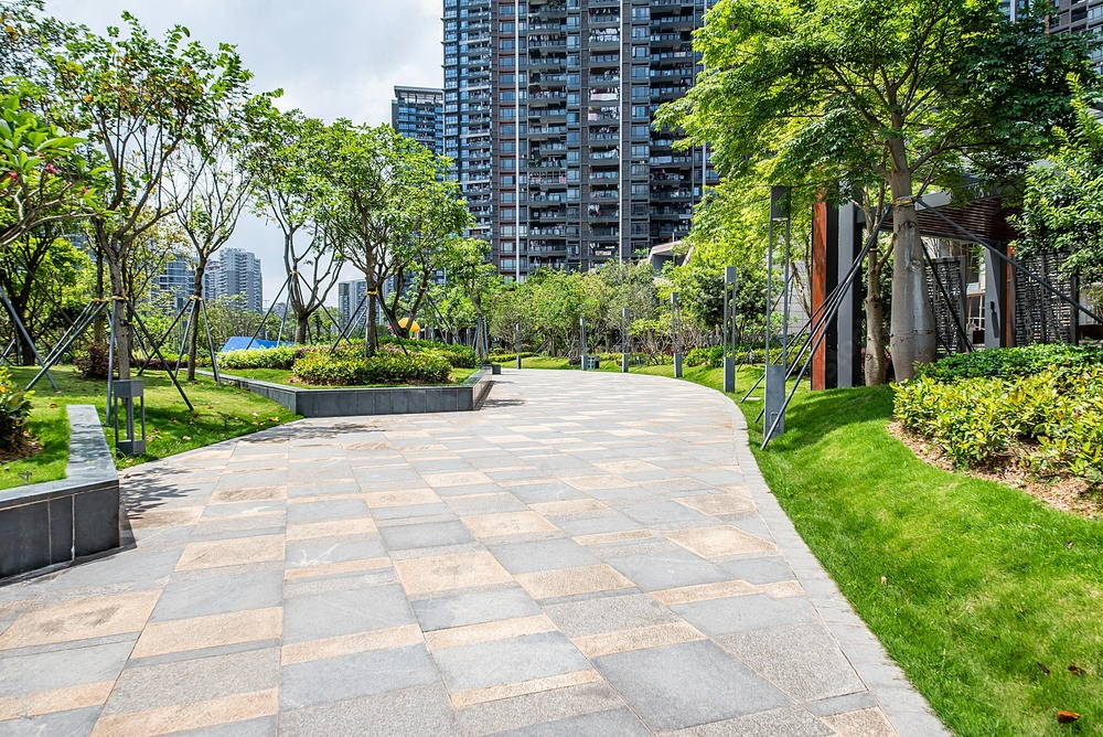 a path in a park with trees and buildings in the background .