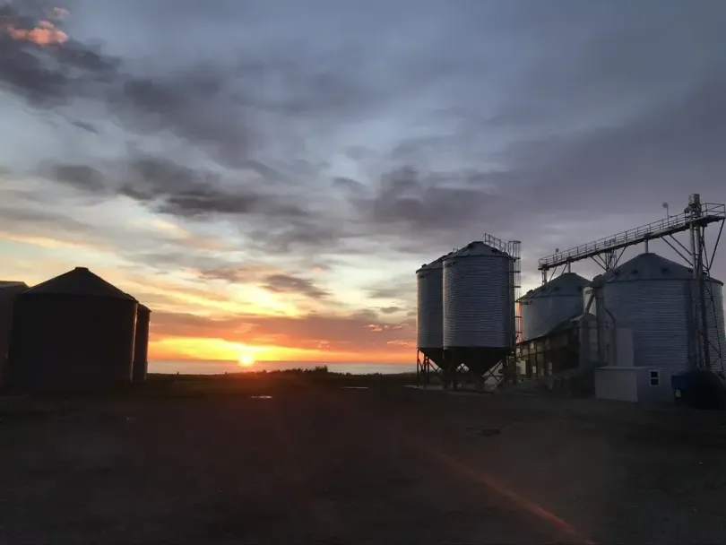 Sunset over a farm with grain silos and barns silhouetted against a cloudy sky