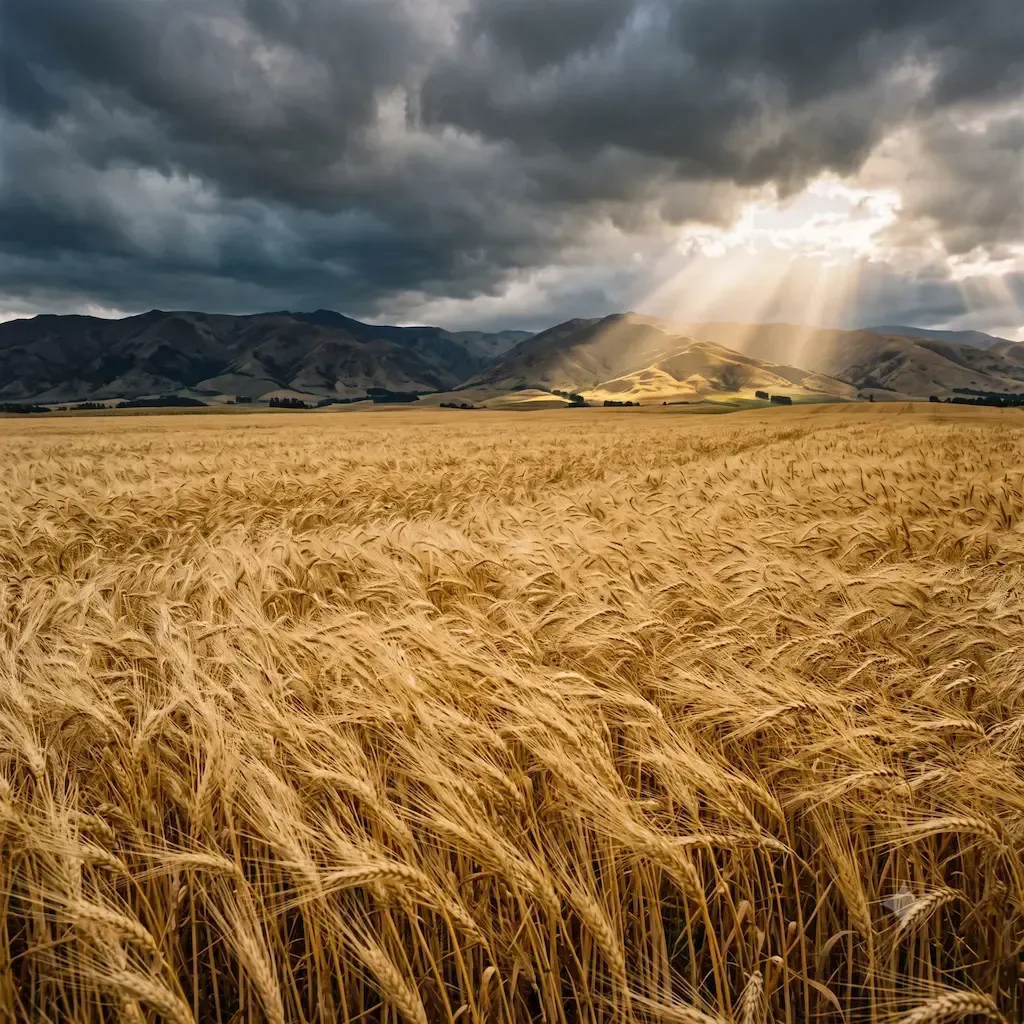 Golden wheat field under dramatic dark clouds, with sun rays breaking over distant mountains.