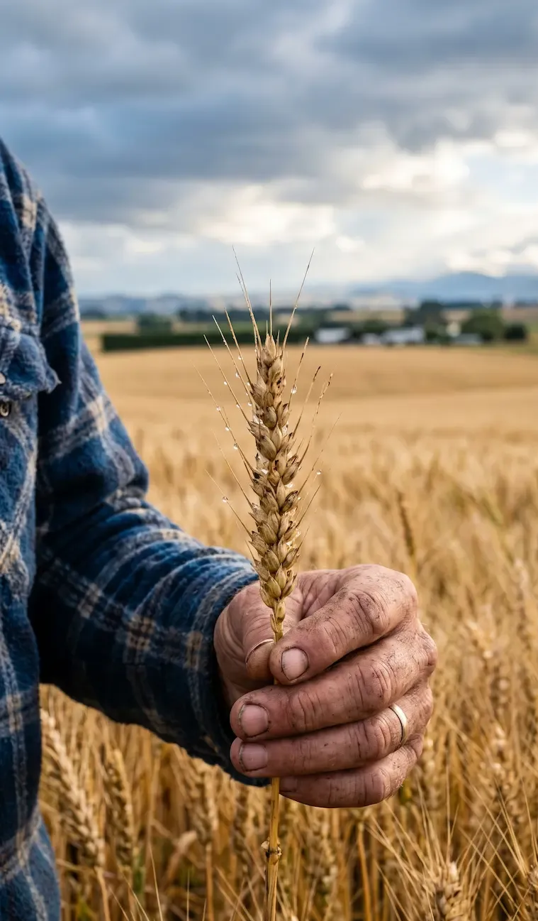 Hand holding a wheat stalk in a golden field under a cloudy sky