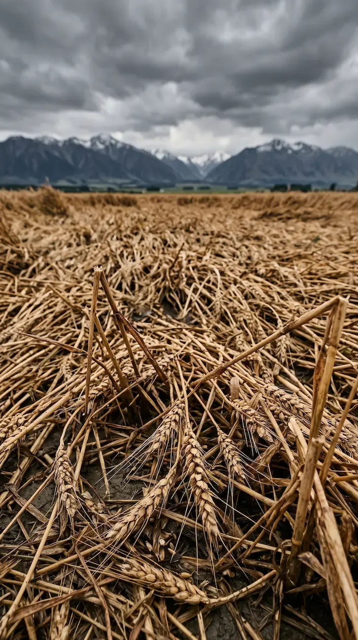 Dried wheat field under dark cloudy sky, with mountains in the distance.