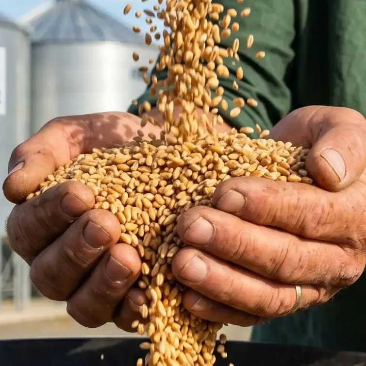Hands holding a stream of golden grain, with a silo and green shirt in the background.