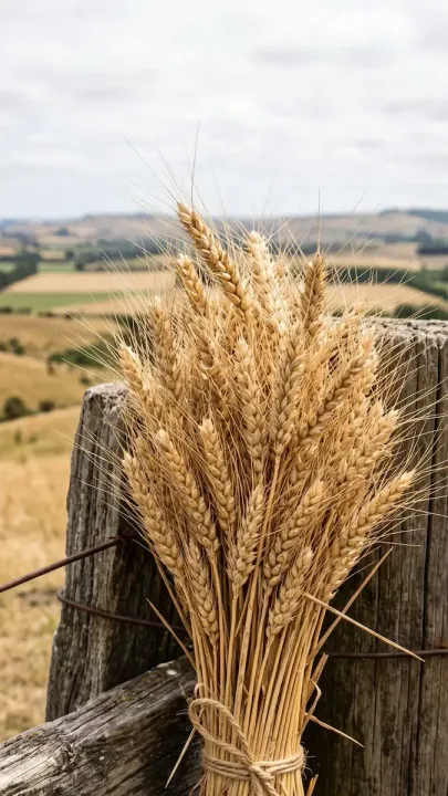 Bundle of dried wheat stalks tied together, leaning against a wooden fence in a rural field.