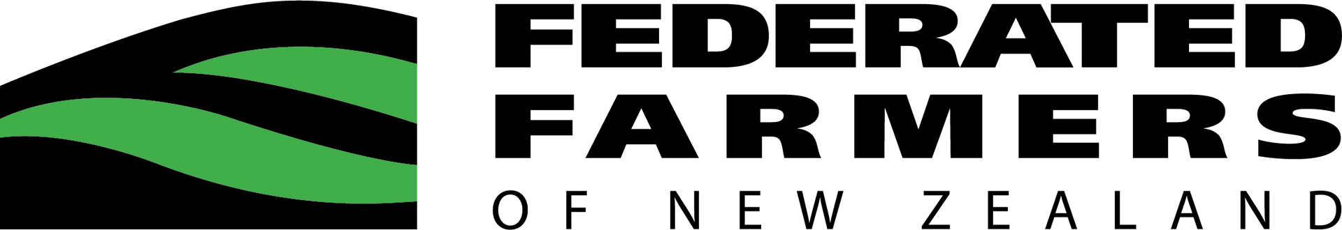 Federated Farmers of New Zealand logo with black text and green curved stripes