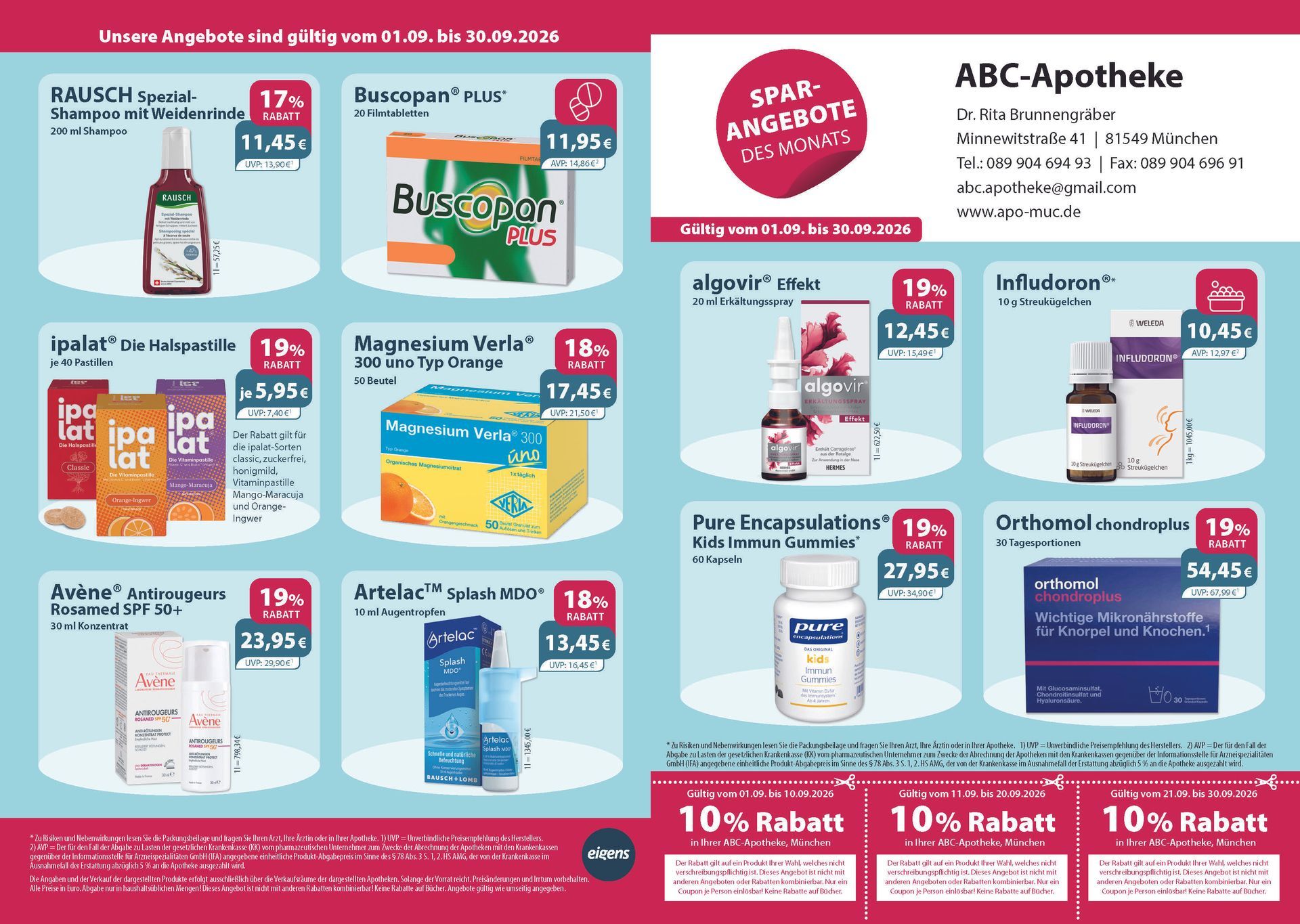 Ein Flyer für die abc Apotheke zeigt eine Vielzahl von Produkten