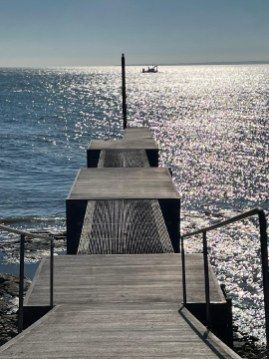 A wooden pier with a metal staircase leads out over a sparkling, sunlit sea toward a distant boat on the horizon.