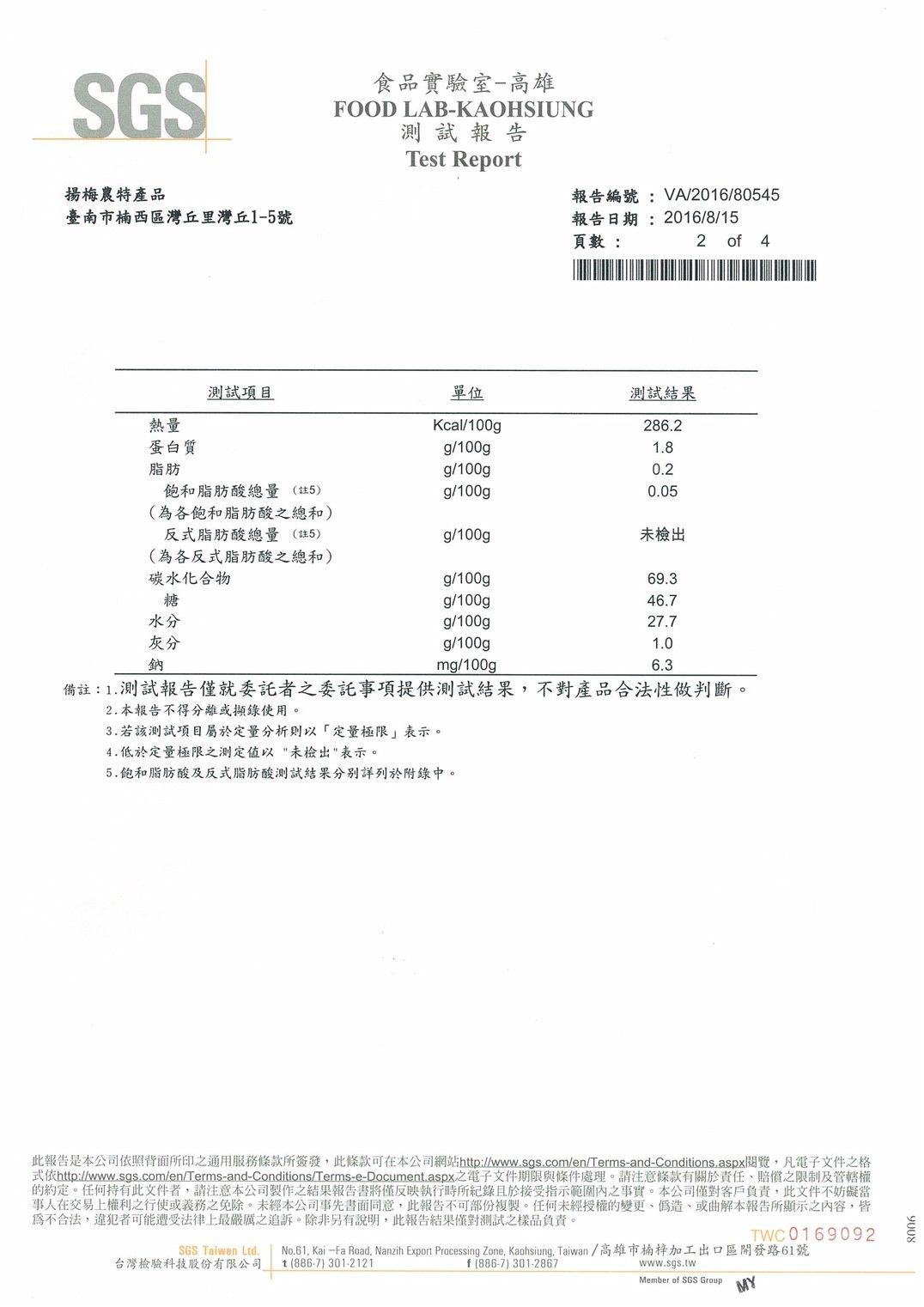 SGS實驗室測試報告，結果分為兩列，可能詳細列出了食品分析數據。