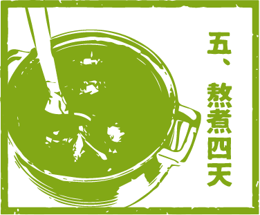 綠色插圖,一碗湯,筷子;漢字寫著「五,燉四天」。