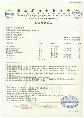 台灣某大學所開立的食品分析證書，詳細列明營養成分及檢測資料。